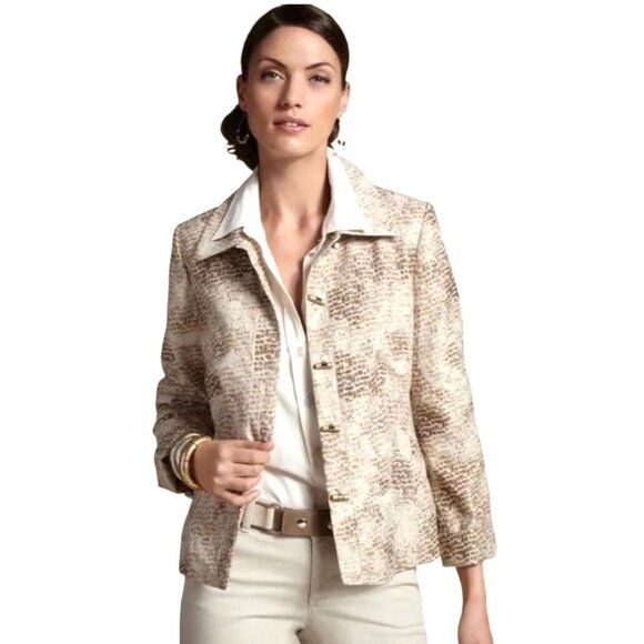 Chicos 1 Medium Jacket Silk Gold Silver Metallic Blazer Button-up Jacquard Y2K - Picture 12 of 13